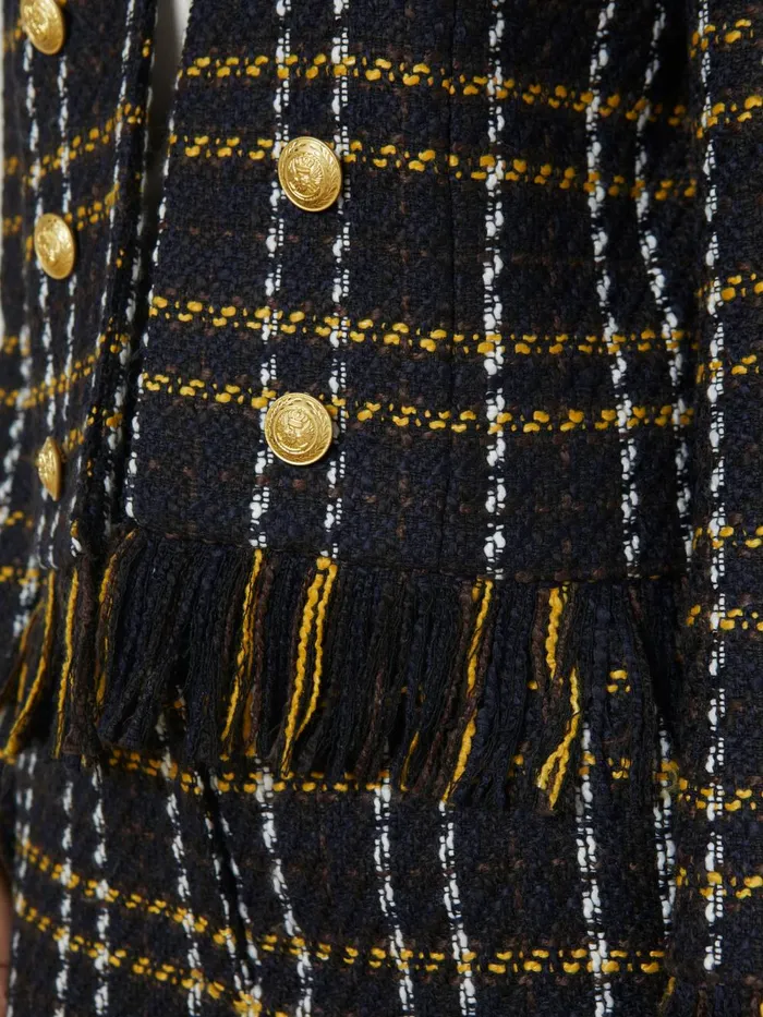L039Agence Blazers and Jackets Women Belmont Fringe Jacket Black Yellow Multi Plaid L039Agence Blazers and Jackets Women Belmont Fringe Jacket Black Yellow Multi Plaid