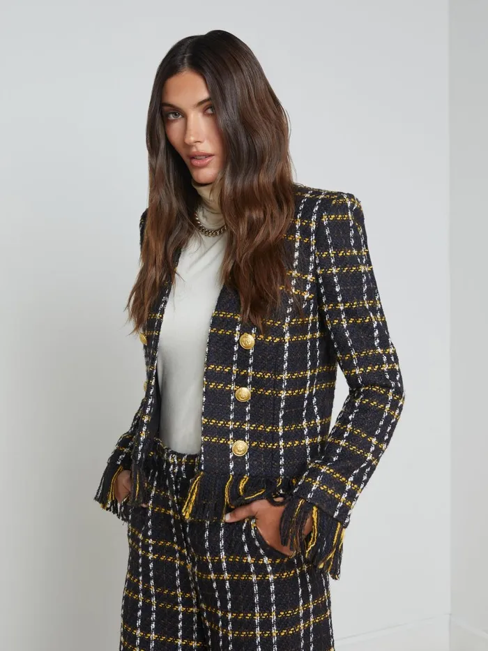 L039Agence Blazers and Jackets Women Belmont Fringe Jacket Black Yellow Multi Plaid L039Agence Blazers and Jackets Women Belmont Fringe Jacket Black Yellow Multi Plaid