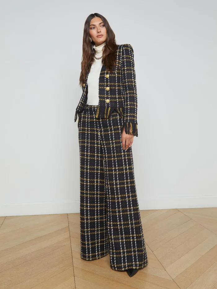 L039Agence Blazers and Jackets Women Belmont Fringe Jacket Black Yellow Multi Plaid L039Agence Blazers and Jackets Women Belmont Fringe Jacket Black Yellow Multi Plaid