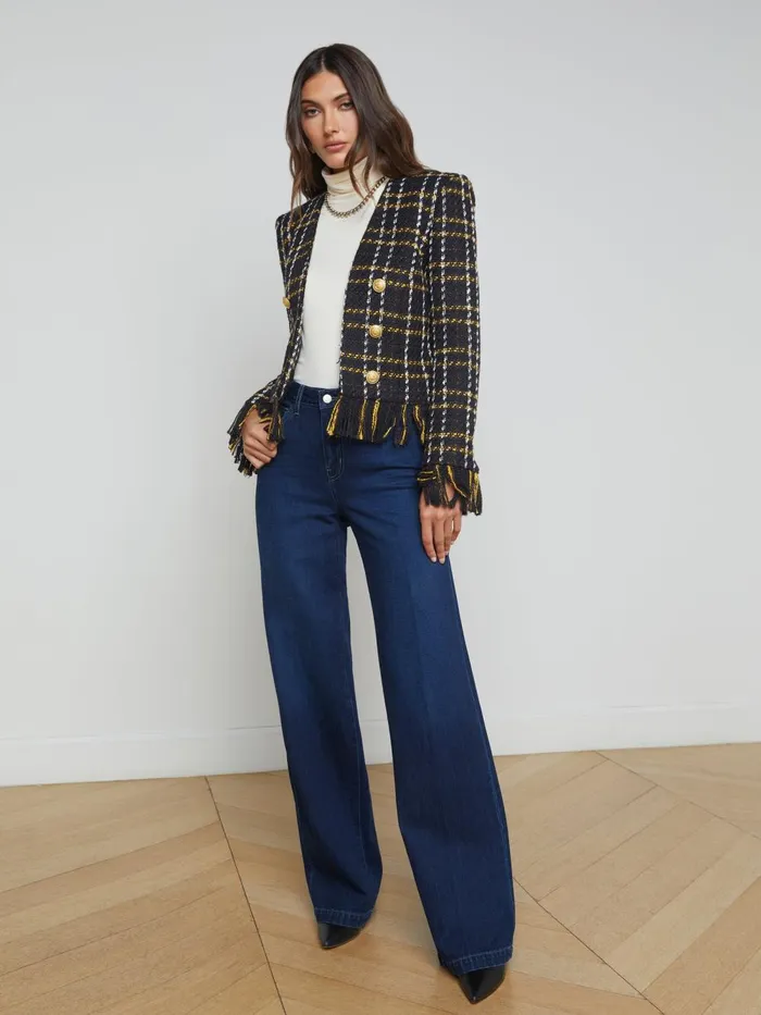 L039Agence Blazers and Jackets Women Belmont Fringe Jacket Black Yellow Multi Plaid L039Agence Blazers and Jackets Women Belmont Fringe Jacket Black Yellow Multi Plaid