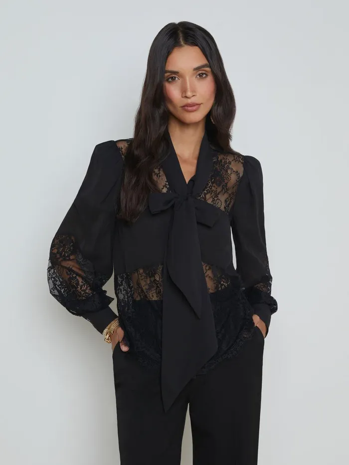 L039Agence Blouses and Tops Women Emmelina Lace TieNeck Blouse Black