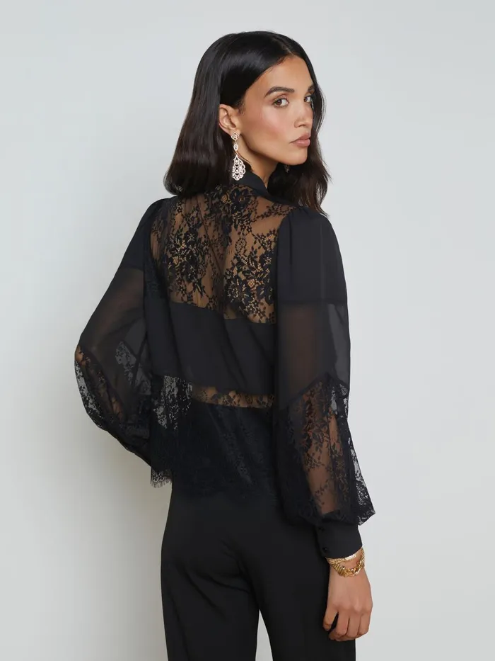 L039Agence Blouses and Tops Women Emmelina Lace TieNeck Blouse Black