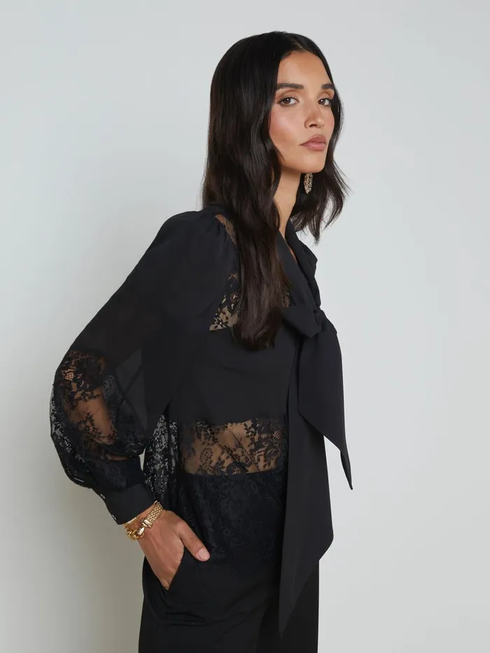 L039Agence Blouses and Tops Women Emmelina Lace TieNeck Blouse Black