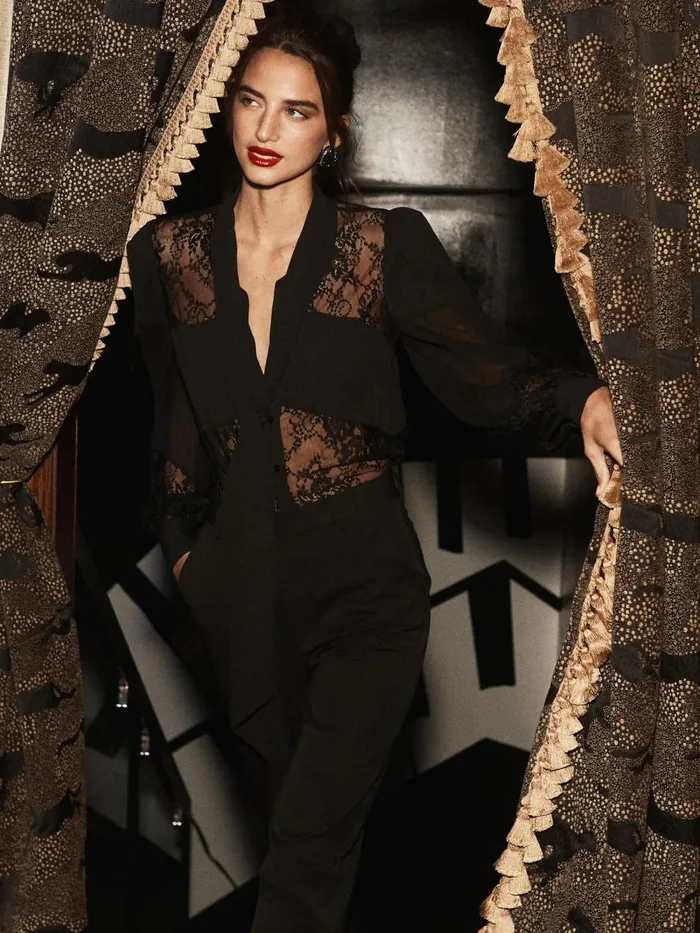 L039Agence Blouses and Tops Women Emmelina Lace TieNeck Blouse Black