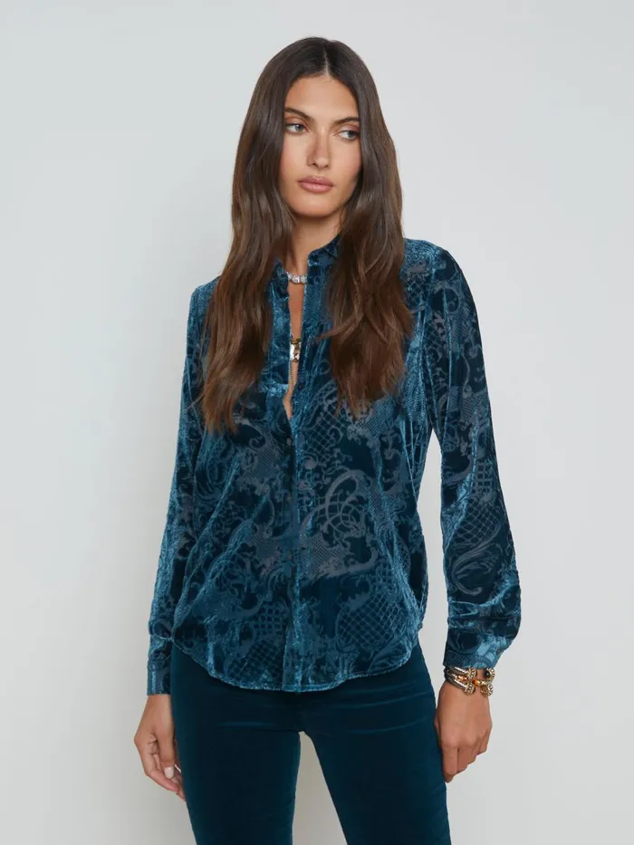 L039Agence Blouses and Tops Women Laurent Velvet Blouse Deep Teal Rococo