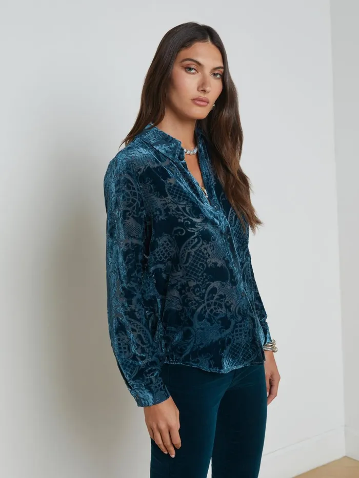 L039Agence Blouses and Tops Women Laurent Velvet Blouse Deep Teal Rococo L039Agence Blouses and Tops Women Laurent Velvet Blouse Deep Teal Rococo