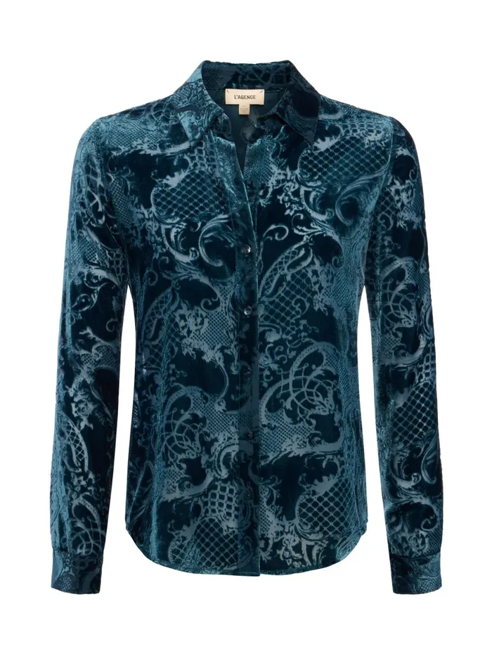 L039Agence Blouses and Tops Women Laurent Velvet Blouse Deep Teal Rococo L039Agence Blouses and Tops Women Laurent Velvet Blouse Deep Teal Rococo