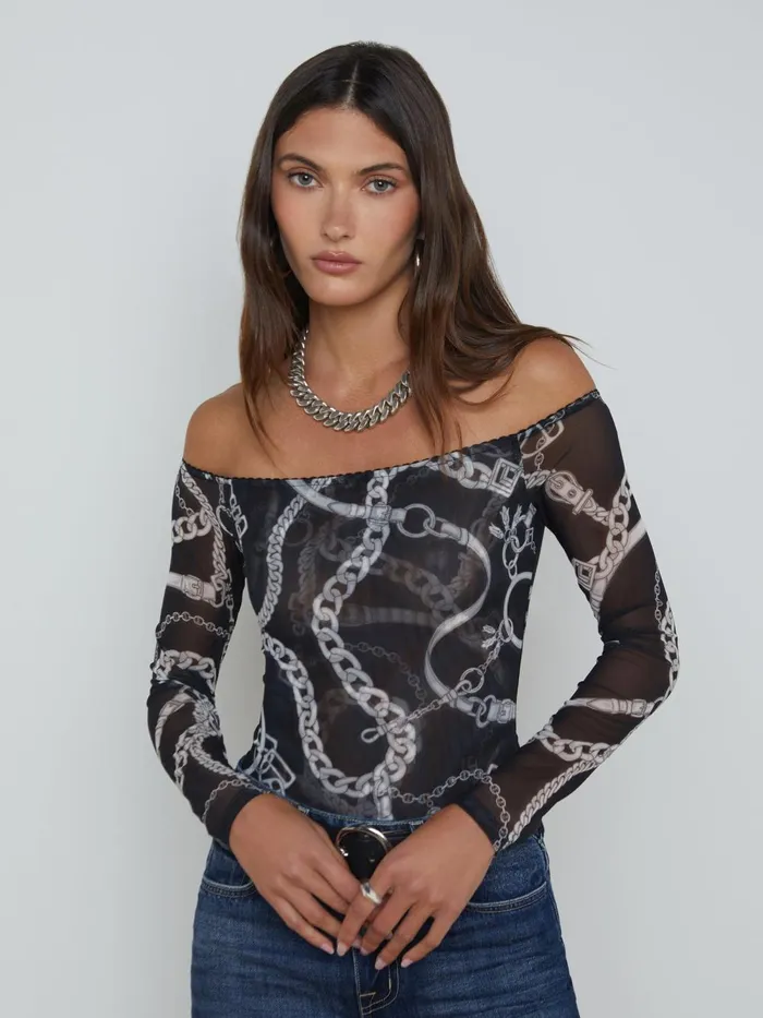 L039Agence Blouses and Tops Women Peonie OffTheShoulder Bodysuit Blackwhite Buckle Chain