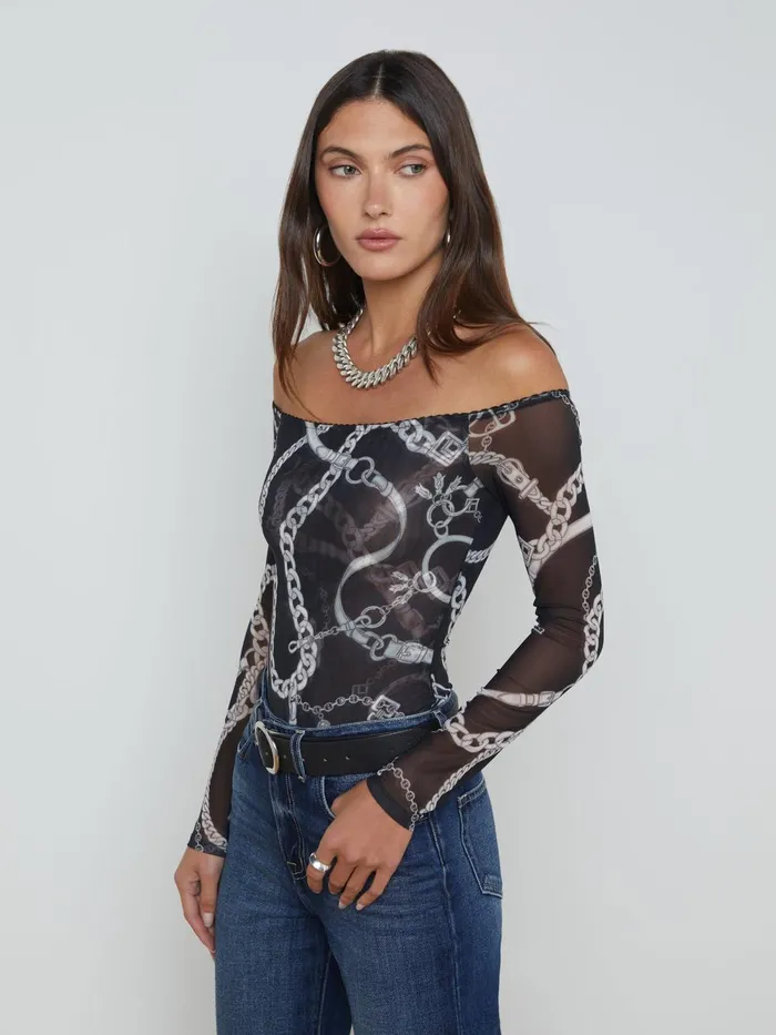 L039Agence Blouses and Tops Women Peonie OffTheShoulder Bodysuit Blackwhite Buckle Chain L039Agence Blouses and Tops Women Peonie OffTheShoulder Bodysuit Blackwhite Buckle Chain