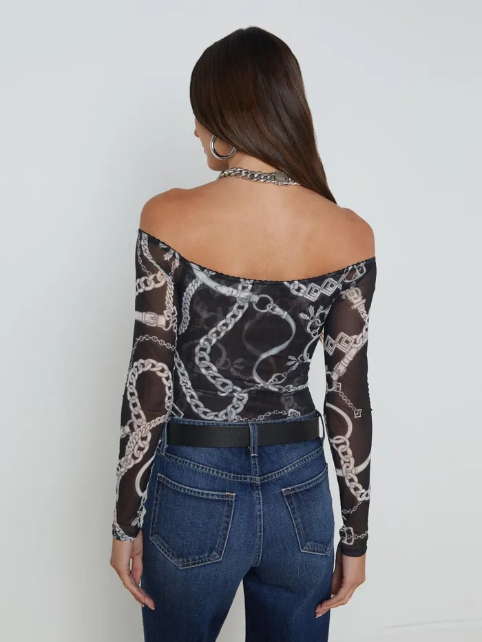L039Agence Blouses and Tops Women Peonie OffTheShoulder Bodysuit Blackwhite Buckle Chain L039Agence Blouses and Tops Women Peonie OffTheShoulder Bodysuit Blackwhite Buckle Chain