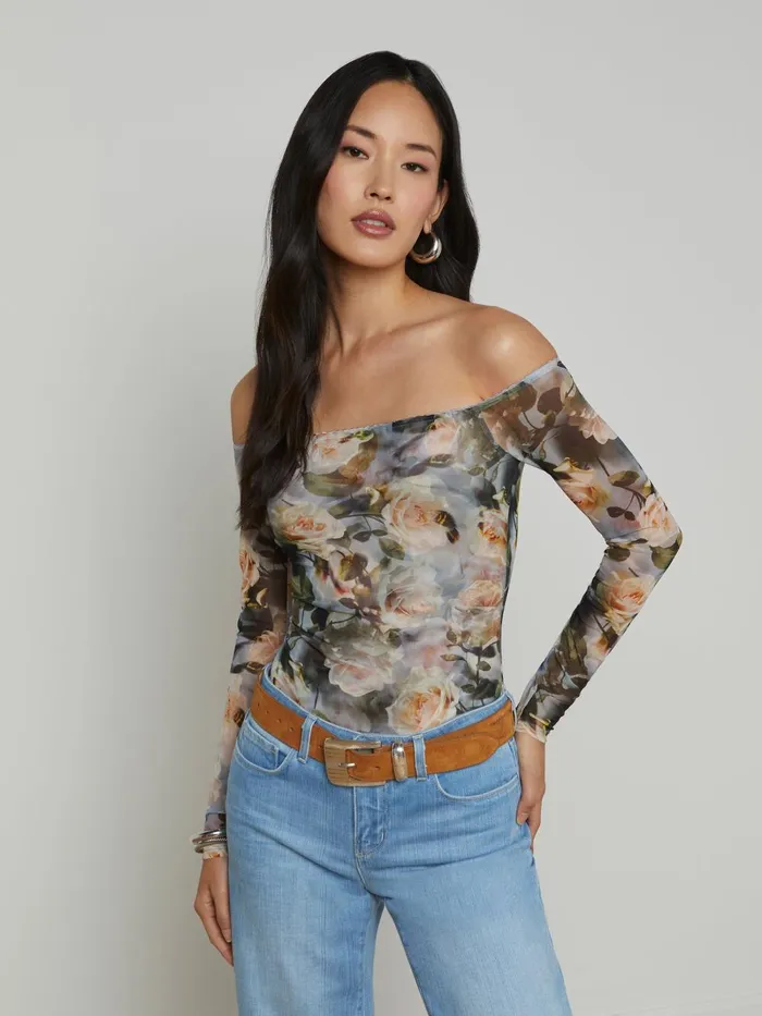 L039Agence Blouses and Tops Women Peonie OffTheShoulder Bodysuit Multi Distressed Floral