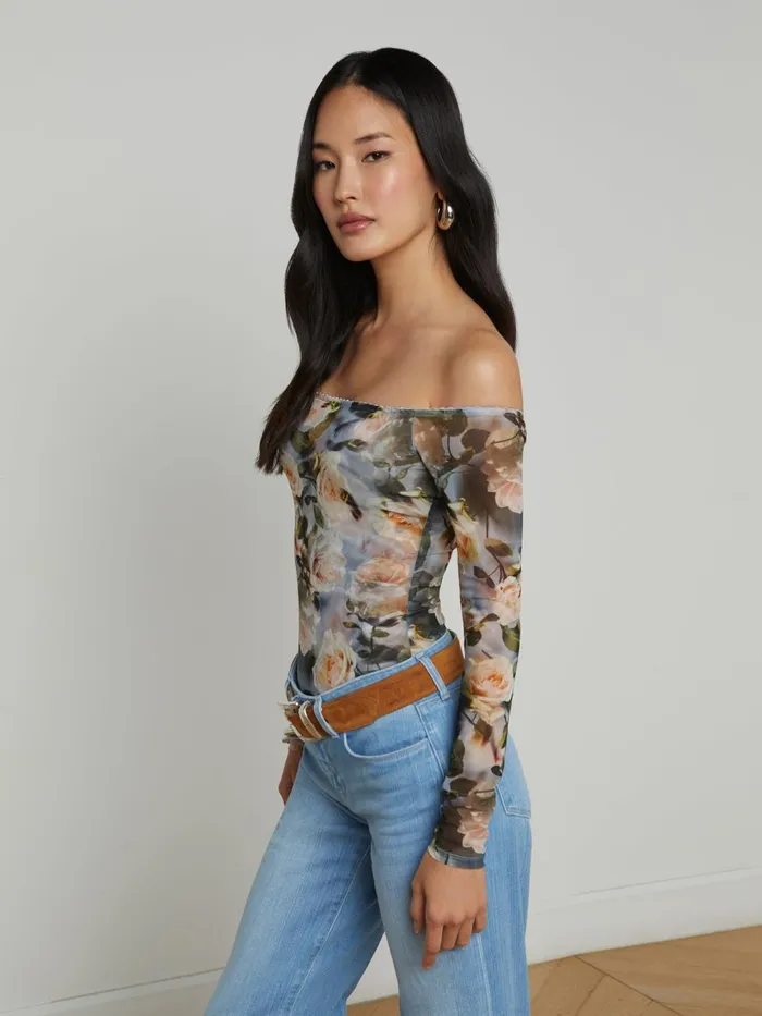 L039Agence Blouses and Tops Women Peonie OffTheShoulder Bodysuit Multi Distressed Floral L039Agence Blouses and Tops Women Peonie OffTheShoulder Bodysuit Multi Distressed Floral