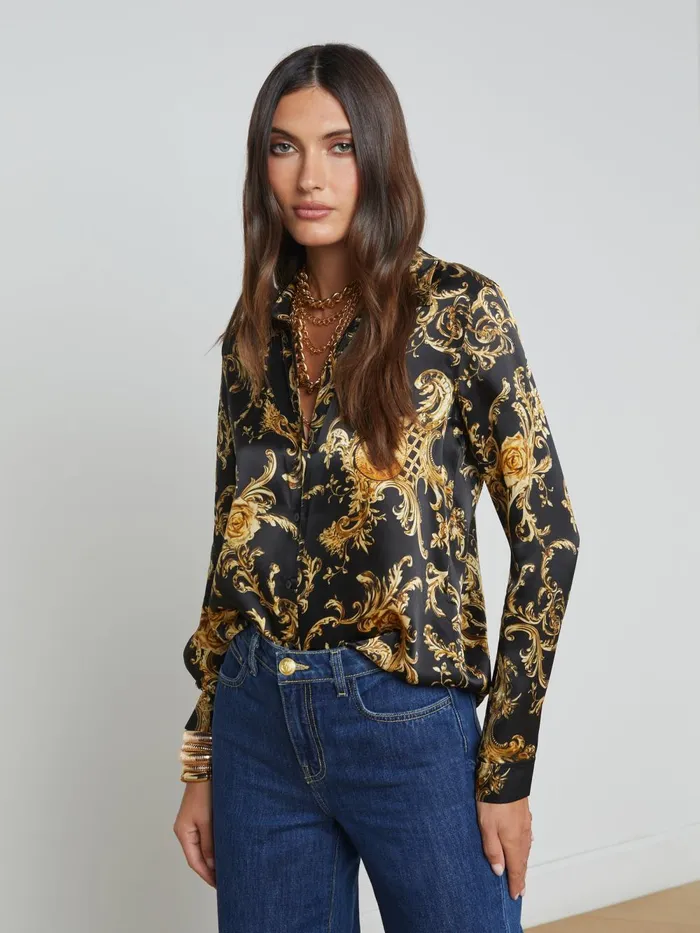 L039Agence Blouses and Tops Women Tyler Silk Blouse Blackgold Barocco Swirl