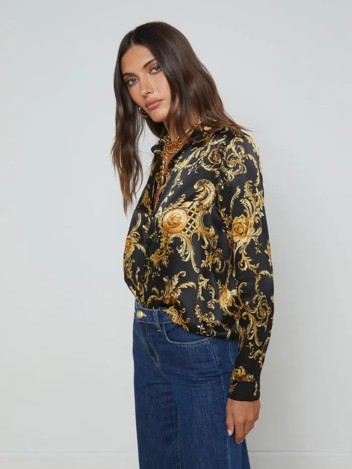 L039Agence Blouses and Tops Women Tyler Silk Blouse Blackgold Barocco Swirl L039Agence Blouses and Tops Women Tyler Silk Blouse Blackgold Barocco Swirl