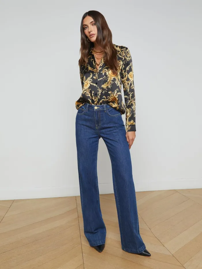 L039Agence Blouses and Tops Women Tyler Silk Blouse Blackgold Barocco Swirl L039Agence Blouses and Tops Women Tyler Silk Blouse Blackgold Barocco Swirl