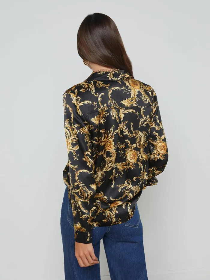 L039Agence Blouses and Tops Women Tyler Silk Blouse Blackgold Barocco Swirl L039Agence Blouses and Tops Women Tyler Silk Blouse Blackgold Barocco Swirl