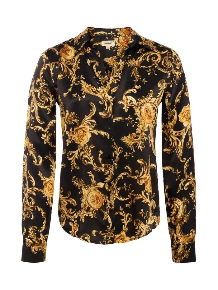 L039Agence Blouses and Tops Women Tyler Silk Blouse Blackgold Barocco Swirl L039Agence Blouses and Tops Women Tyler Silk Blouse Blackgold Barocco Swirl