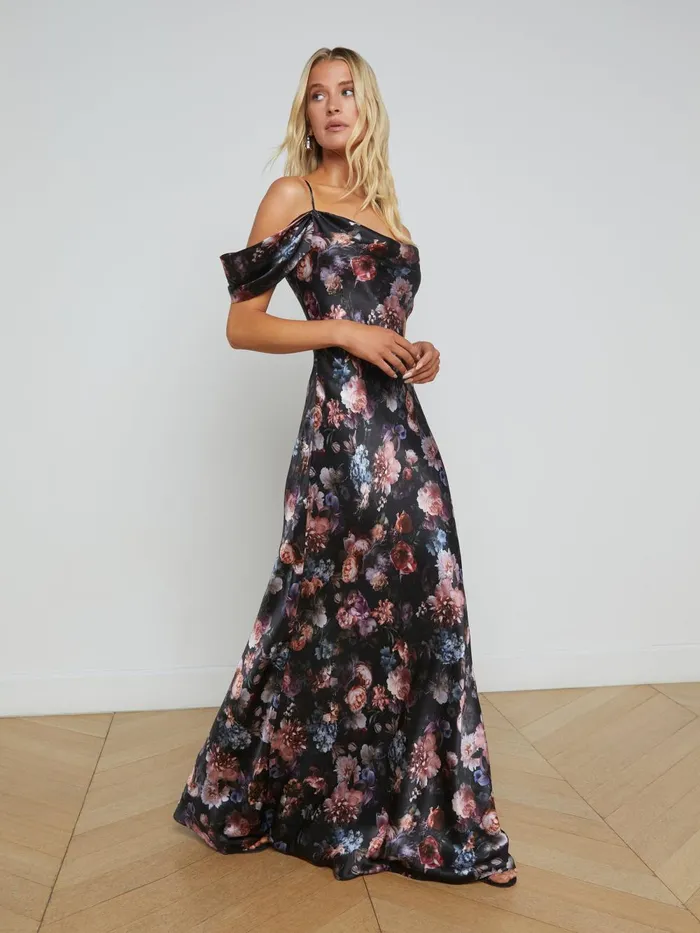 L039Agence Dresses and Jumpsuits Women Kenna Silk Gown Black Multi Vintage Oil Flower L039Agence Dresses and Jumpsuits Women Kenna Silk Gown Black Multi Vintage Oil Flower