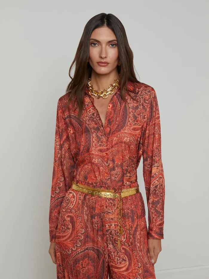 L039Agence Matching Sets Women Argo Satin Blouse Rust Multi Boute Paisley
