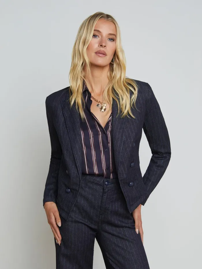 L039Agence Matching Sets Women Wayne OpenFront Blazer Indigoblue Glitter Stripe