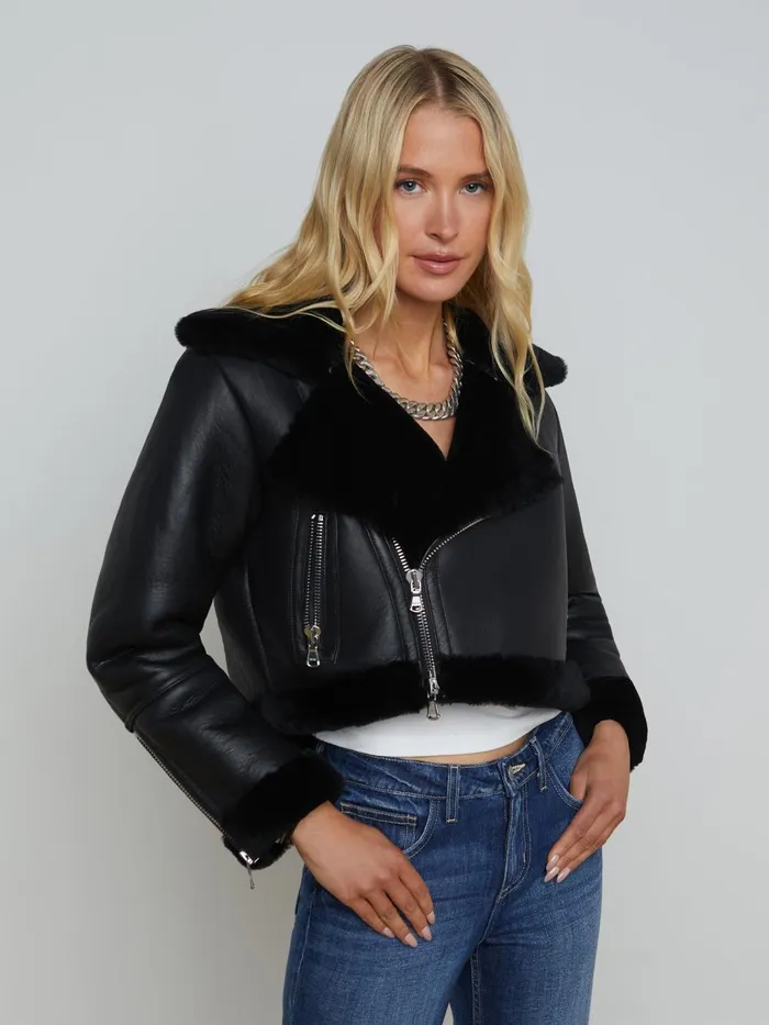 L039Agence Outerwear Women Pike Shearling Leather Jacket Black