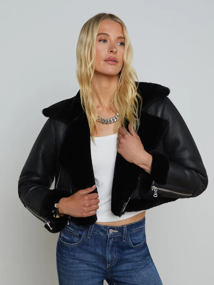 L039Agence Outerwear Women Pike Shearling Leather Jacket Black L039Agence Outerwear Women Pike Shearling Leather Jacket Black