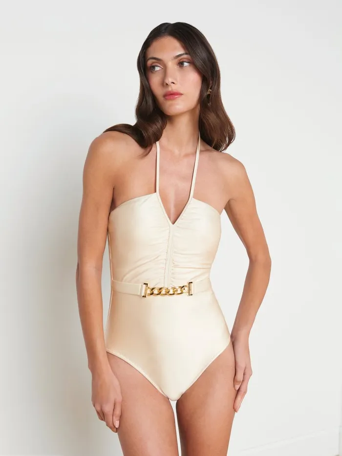 L039Agence Swimwear Women Leila Halter OnePiece Swimsuit Champagne L039Agence Swimwear Women Leila Halter OnePiece Swimsuit Champagne