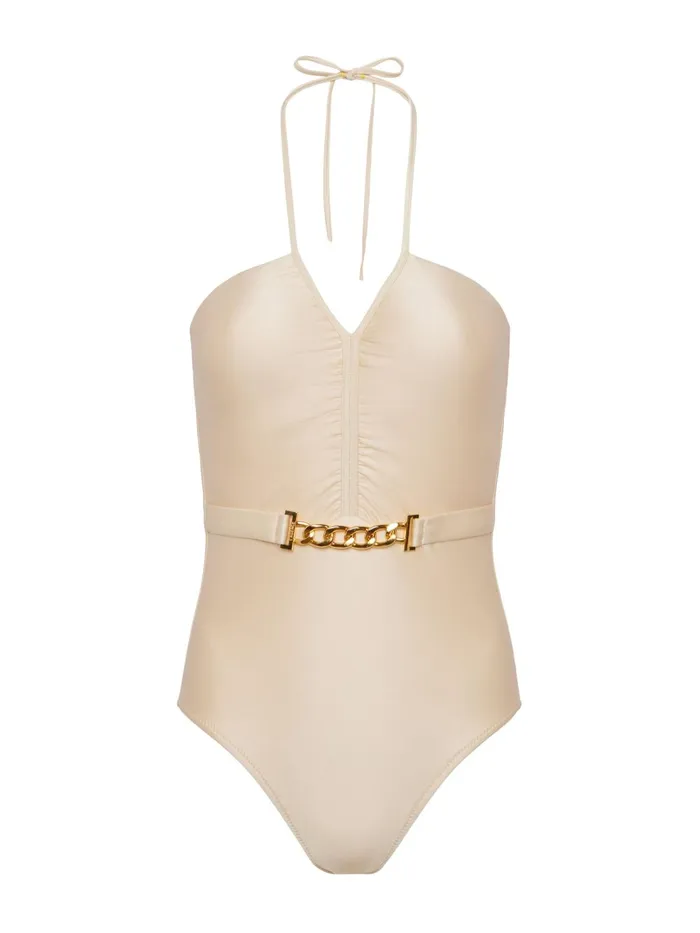 L039Agence Swimwear Women Leila Halter OnePiece Swimsuit Champagne L039Agence Swimwear Women Leila Halter OnePiece Swimsuit Champagne
