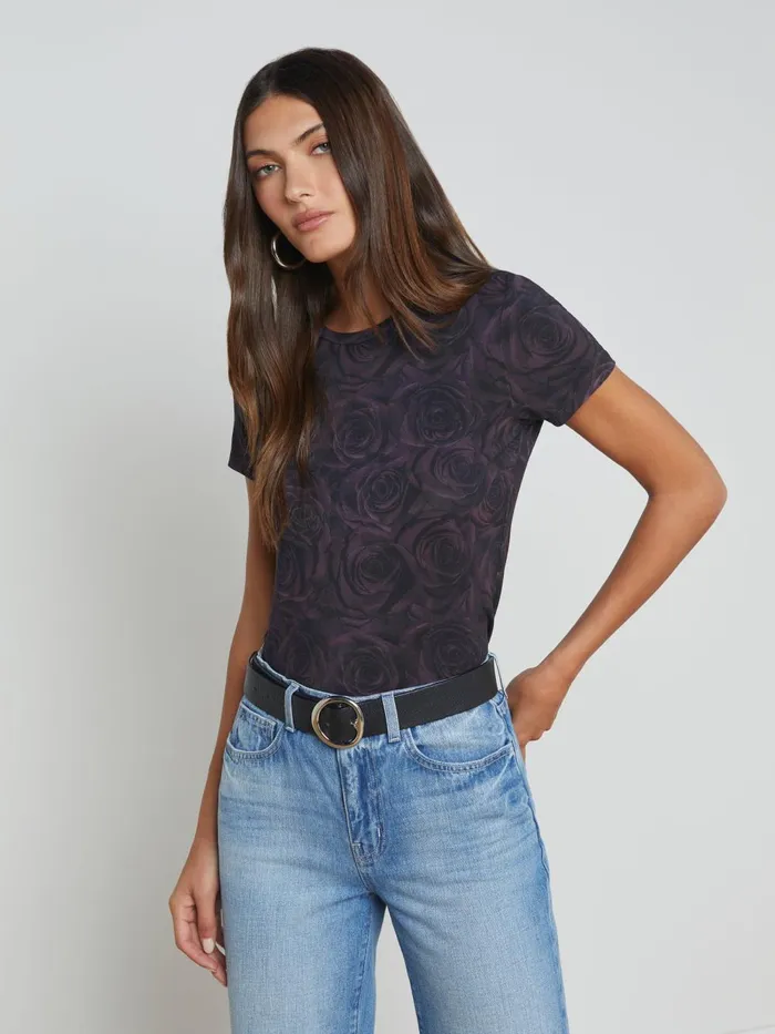 L039Agence Tees Women Ressi Fitted Tee Plum Multi Stacked Roses