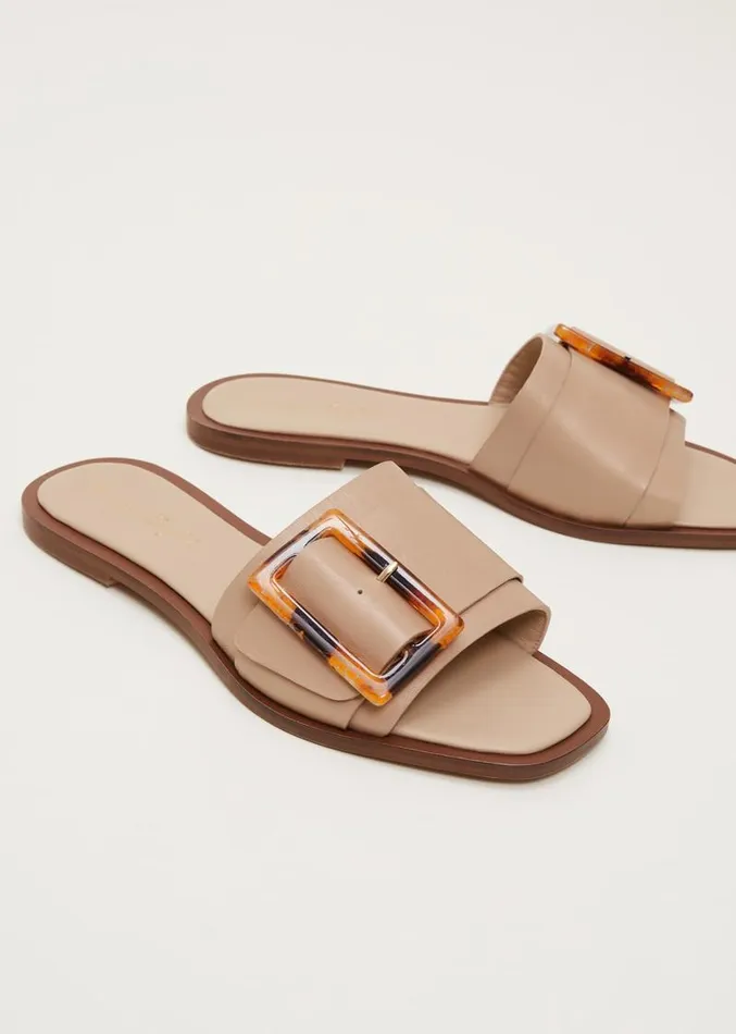 Leather Buckle Flat Sandals Neutral Women Phase Eight Sandals