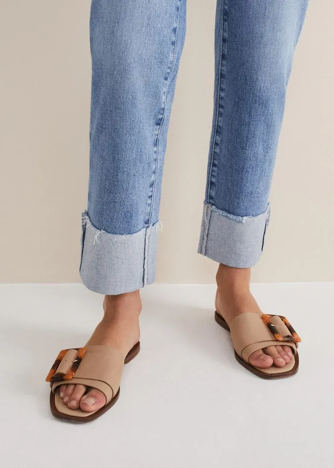 Leather Buckle Flat Sandals Neutral Women Phase Eight Sandals
