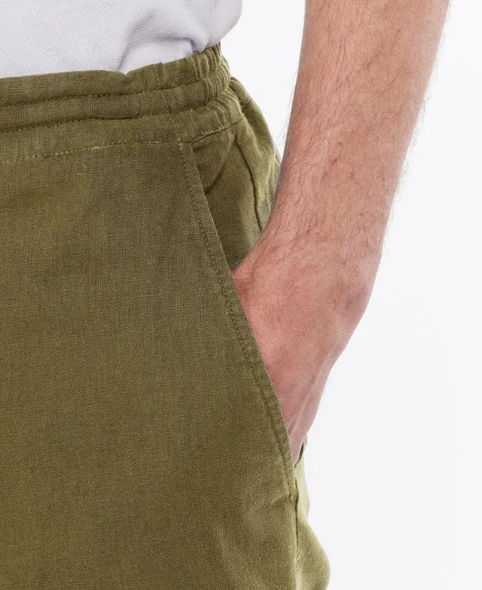 Linen Cotton Mix Shorts Military Green Men Barbour Trousers and Shorts