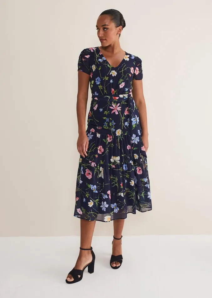 Lola Floral Tiered Midi Dress Navymulti Women Phase Eight Dresses