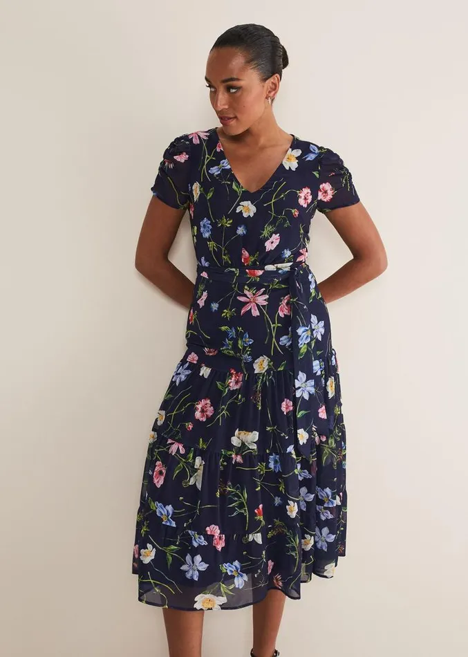 Lola Floral Tiered Midi Dress Navymulti Women Phase Eight Dresses