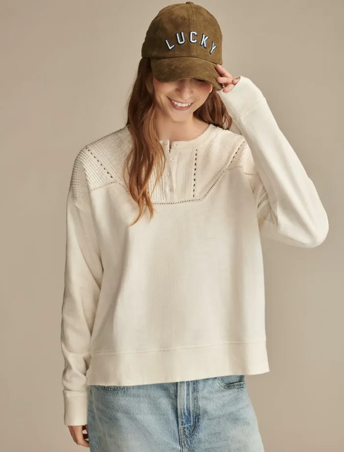 Lucky Brand Activewear Women Pintuck Henley Sweatshirt Gardenia