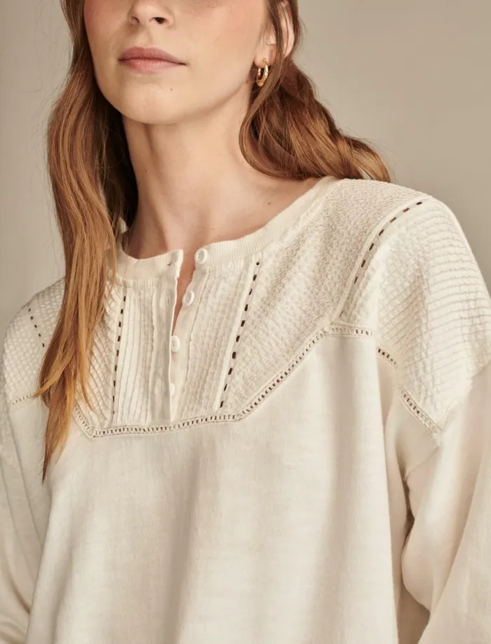Lucky Brand Activewear Women Pintuck Henley Sweatshirt Gardenia