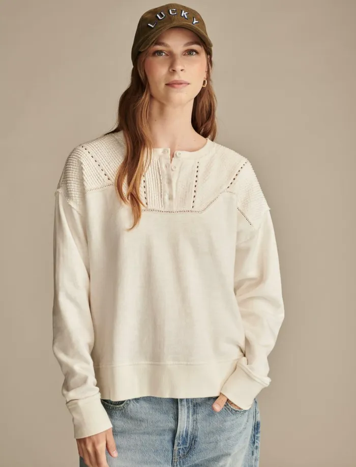 Lucky Brand Activewear Women Pintuck Henley Sweatshirt Gardenia