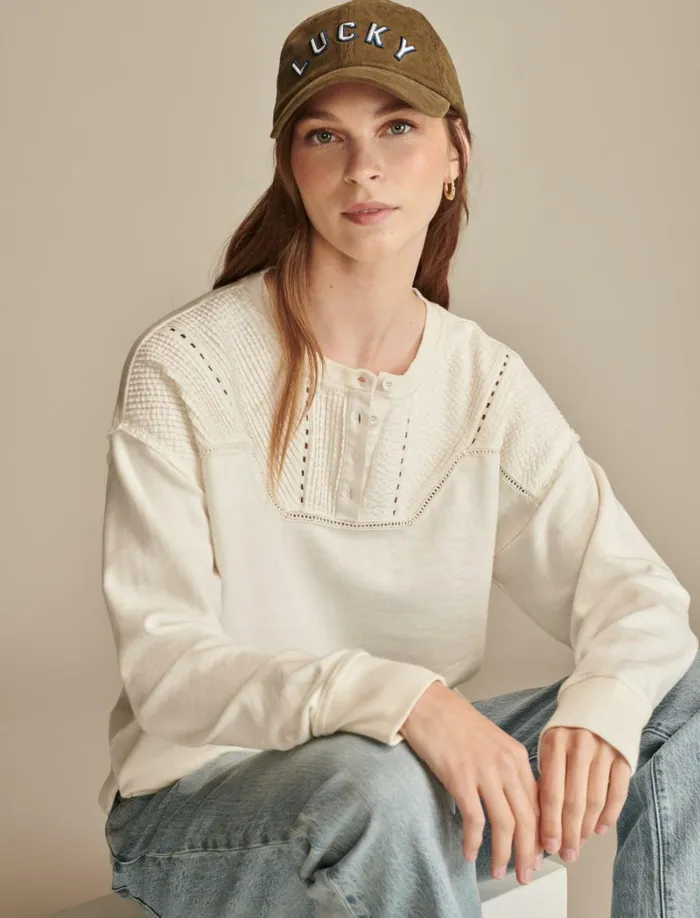 Lucky Brand Activewear Women Pintuck Henley Sweatshirt Gardenia