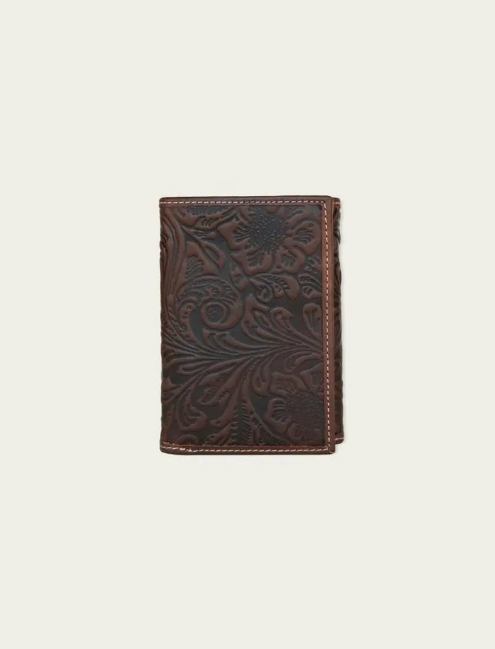 Lucky Brand Bags and Wallets Men Western Embossed Leather Trifold Wallet Dark Brown