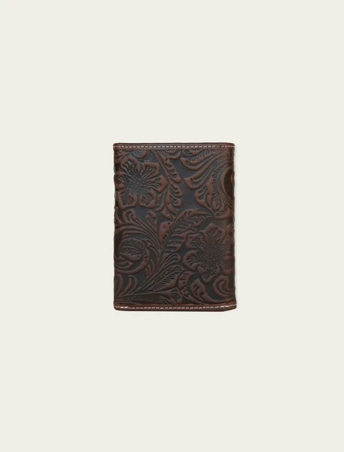 Lucky Brand Bags and Wallets Men Western Embossed Leather Trifold Wallet Dark Brown