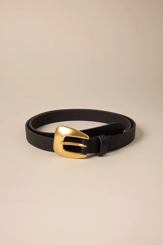 Lucky Brand Belts Women Floral Debossed Skinny Leather Belt Black