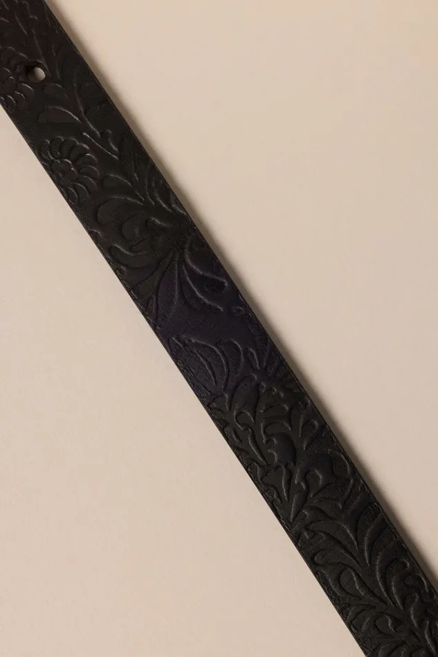 Lucky Brand Belts Women Floral Debossed Skinny Leather Belt Black