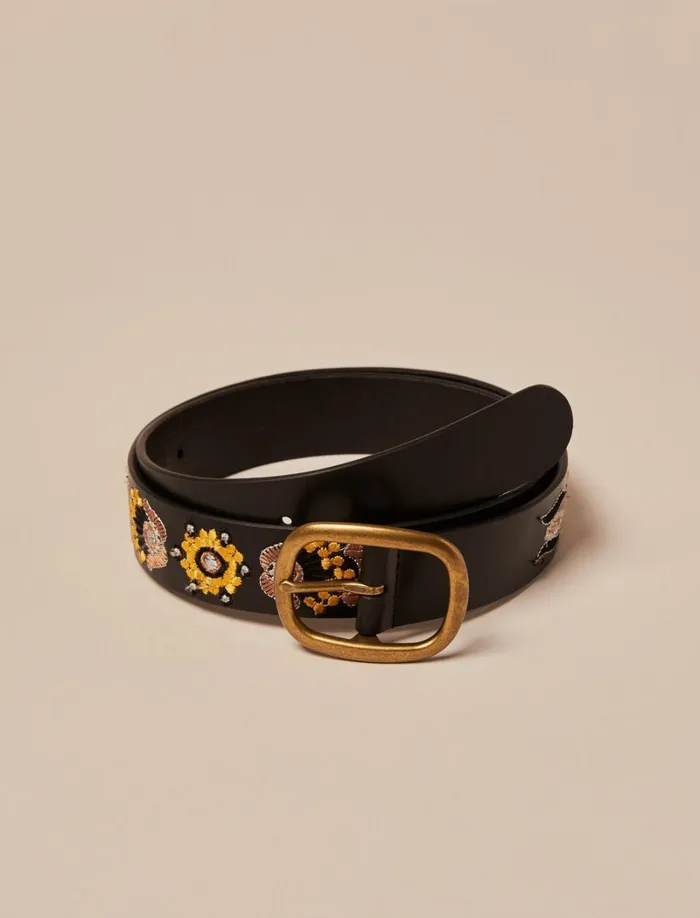 Lucky Brand Belts Women Sequin Beaded Floral Belt 9155 Antique Black Coal