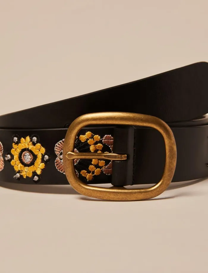 Lucky Brand Belts Women Sequin Beaded Floral Belt 9155 Antique Black Coal