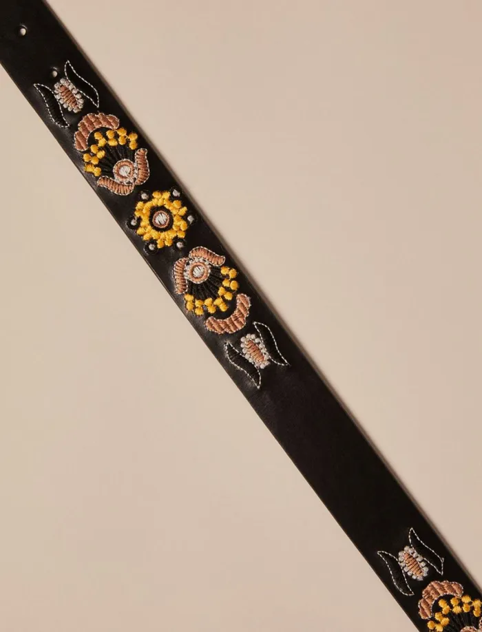 Lucky Brand Belts Women Sequin Beaded Floral Belt 9155 Antique Black Coal
