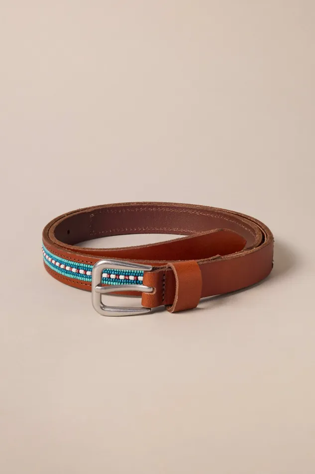 Lucky Brand Belts Women Turquoise Beaded Leather Belt 231 Tan