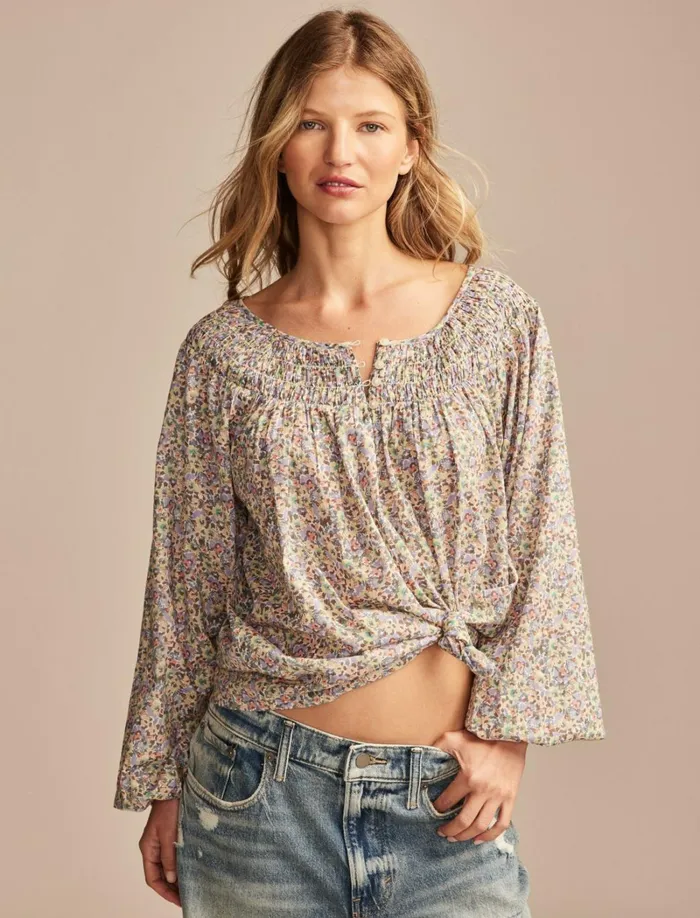 Lucky Brand Blouses Women Easy Smocked Blouse Green Floral