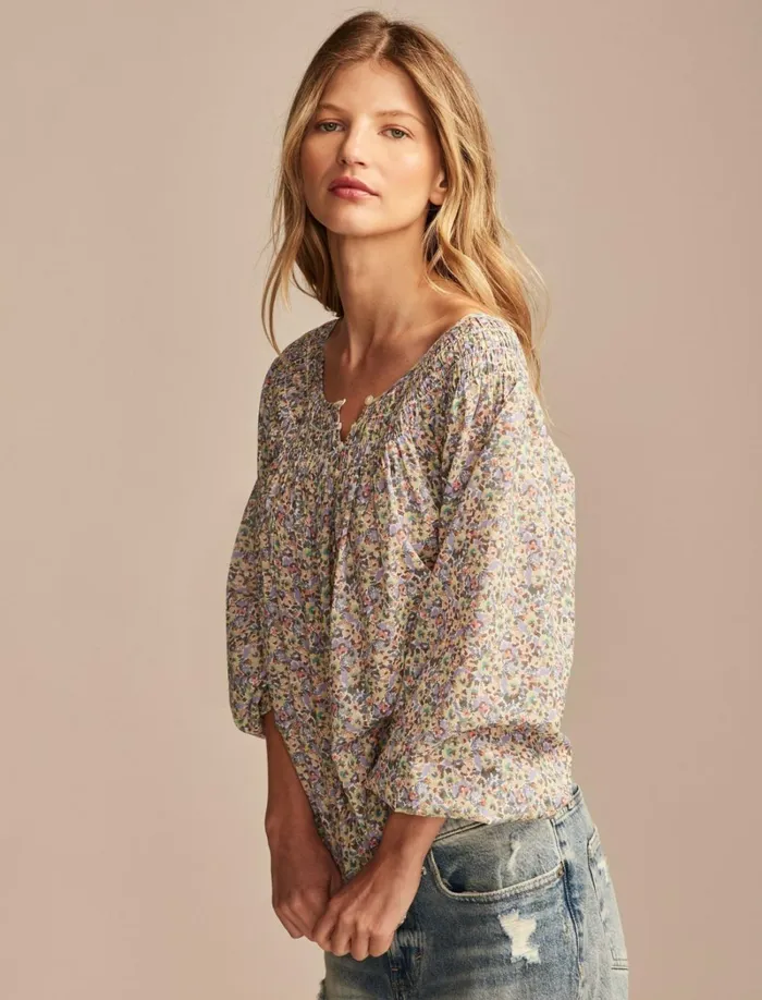 Lucky Brand Blouses Women Easy Smocked Blouse Green Floral