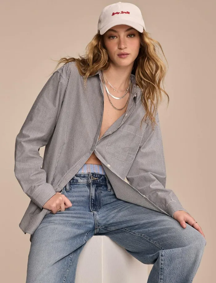 Lucky Brand Blouses Women Oversized Button Back Top Navy Stripe