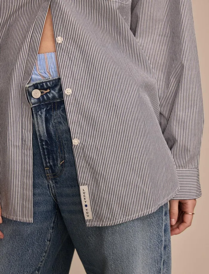 Lucky Brand Blouses Women Oversized Button Back Top Navy Stripe